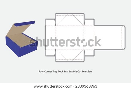packaging box - tuck top four corner tray die cut template - with  preview mockup - editable blueprint layout with cutting and creasing lines - vector EPS file