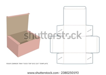 packaging box - four corner tray tuck top die cut template, includes preview mockup - editable blueprint layout with cutting and creasing lines - vector eps file