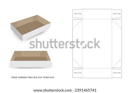 packaging box - four corner tray die cut template, includes preview mockup - editable blueprint layout with cutting and creasing lines - vector eps file