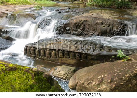 Kbal Spean the mystery waterfall on Kulen mountains range of the ancient Khmer empire in Siem Reap province of Cambodia Imagine de stoc © 