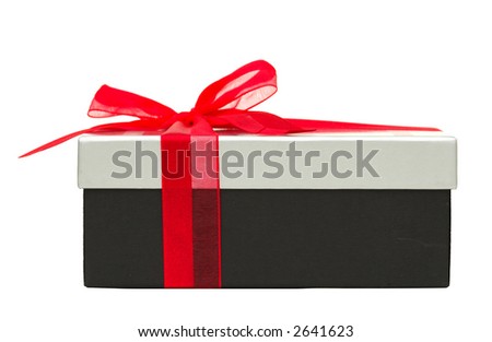 Black and silver gift box with red ribbon