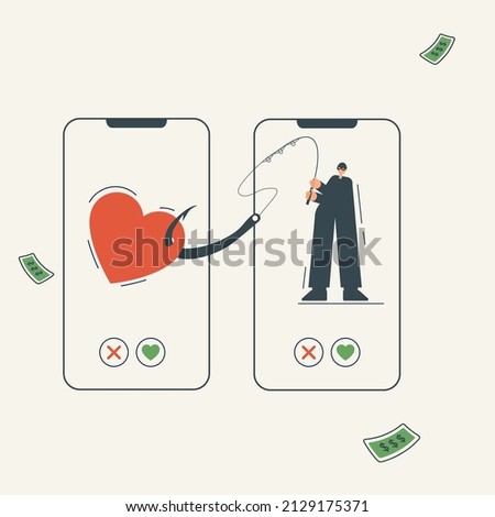 Online dating scam.  Flat vector cartoon illustration isolated on white. Red heart symbol on fishing hook. Online dating scam, online fraud, cybercrime concept. Online fraud, trick in internet dating 