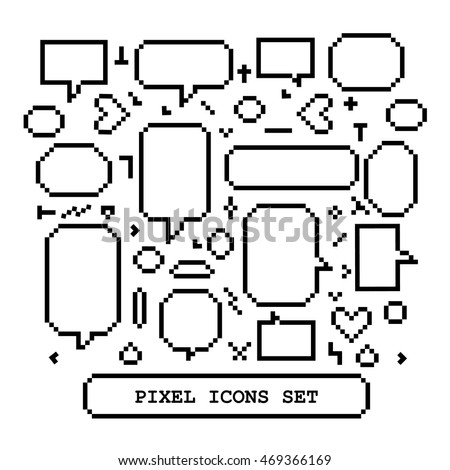 Pixel icons set with speech bubbles, hearts on white background 