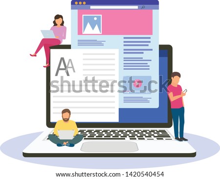 Blogging, Blogger. Freelance. Creative writing. Copy writer. Content management. Flat cartoon miniature illustration vector graphic on white background. - Vector illustration