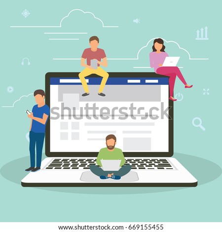 Social network facebook web site surfing concept illustration of young people using mobile gadgets such as smartphone, tablet pc and laptop part of online community. Flat guys,  women on big notebook