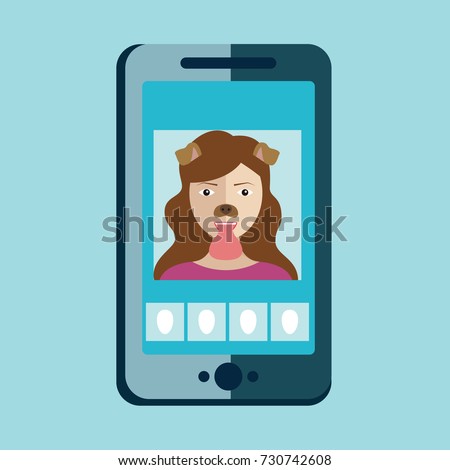 Young fashionable girl taking photo with dog filter, phone app, snapchat
