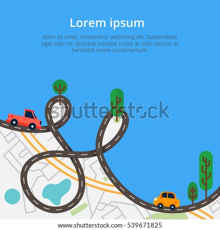 Colorful background with landscape, road and city map. Top view city map with cars and trees for web banners, info graphic and  brochure. Vector illustration 