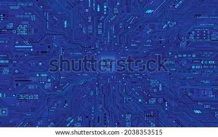 Futuristic microchip processor with lights on the blue background. Quantum computer, large data processing, database concept. CPU isometric banner. Central Computer Processors CPU concept.Digital chip
