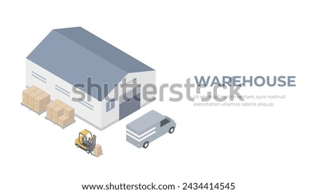 Isometric flat 3D concept vector warehouse outside. The boxes are on the shelves.