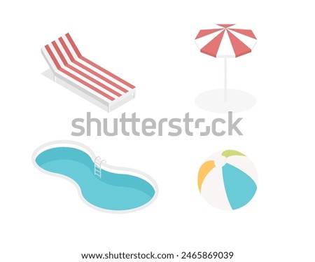 Isometric set icons of summer pool holiday. Swimming pool, umbrella. Vector illustration isolated on white background