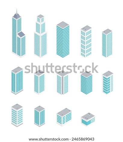 Isometric skyscraper set. Urban city architecture office buildings. Modern city buildings isometry.