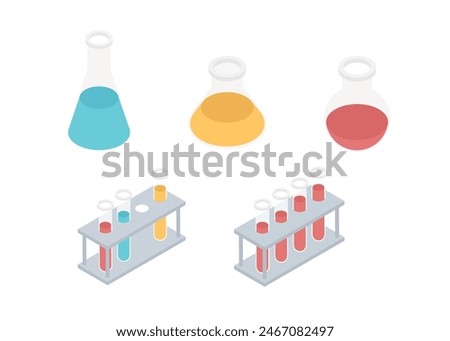 Vector isometric illustration of medicine laboratory. Set of various test tubes, and flask. Inventing and producing new medicine and vaccines, pharmacy concept. Medical tests set.