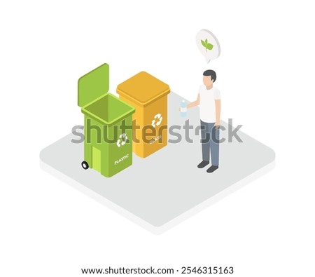 Electronic garbage isometric composition with human character putting various types of waste in separate trash bins vector illustration