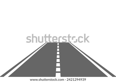 Perspective view of road going far away. Empty highway with marking stretching into distance. Travelling, trip, forward movement, future concept. Vector flat illustration