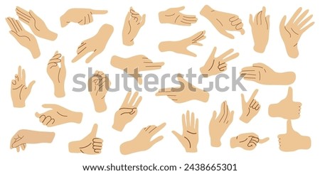 Set of hands in doodle style isolated human hands. Vector different hand positions