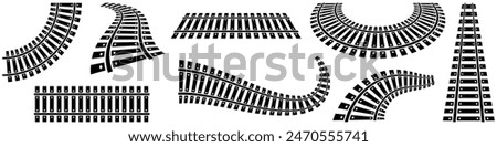 Railway tracks train curved silhouette. Perspective of the railway and top view of the map. Set of tram winding roads vector elements