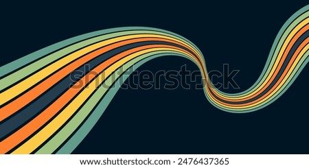 Abstract colorful 70s background vector. Vintage retro wallpaper with rainbow stripes and wavy lines. A 1970 color illustration suitable for posters, banners, decorative items and wall art.