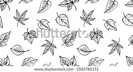 Vector seamless pattern with leaf outlines in doodle style. Line art autumn background. Concept of forest, leaf fall, nature.