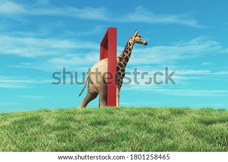 Elephant entering a door and gets out as a giraffe . Changing mindset and different approach concept . Life changing decision and new opportunities . This is a 3d render illustration . 
