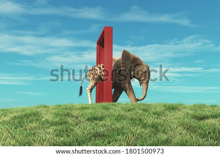 Giraffe entering a door and gets out as an elephant . Changing mindset and different approach concept . Life changing decision and new opportunities . This is a 3d render illustration . Foto d'archivio © 