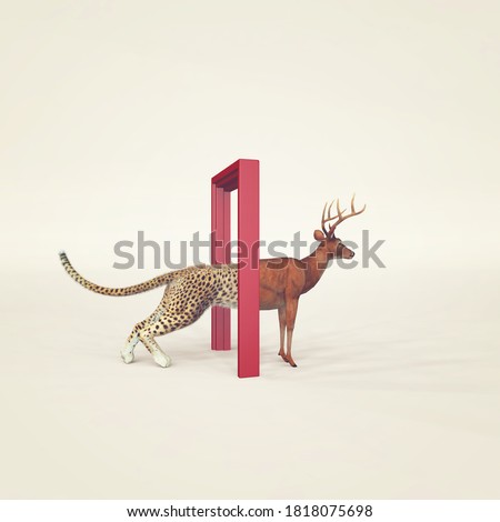 Cheetah entering a door and gets out as a deer . Changing mindset and different approach concept . Life changing decision and new opportunities . This is a 3d render illustration .  Photo stock © 