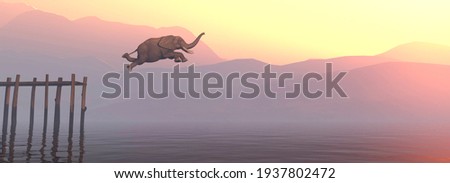 Elephant jumping in lake during sunset . This is a 3d render ilustration . 