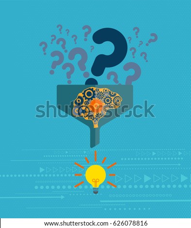 Business and Problem solving concept. Question mark symbol going into the filter with a mechanical brain and light bulb at the end.