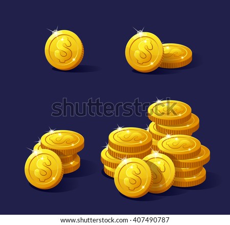 Icons coins for the game interface. Set of cartoon coins for web, game or application interface. Modern vector illustration game art, animation for game and apps. Stack of coins. Coins dollar.