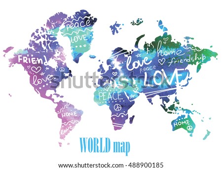 aaPeace, friendship and love. Posters, postcards, print on a T-shirt. World map with spots watercolor paint and words. Hearts, stars, patterns.