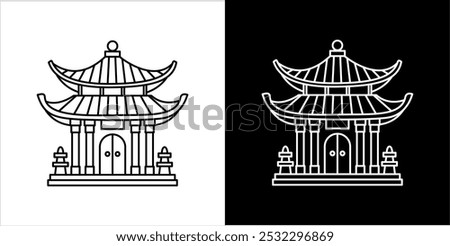 Vector vihara temple icon in black and white line art style, ideal for cultural projects