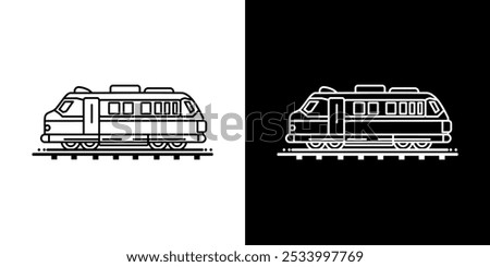 Train icon illustration line art in black and white, side view, on tracks