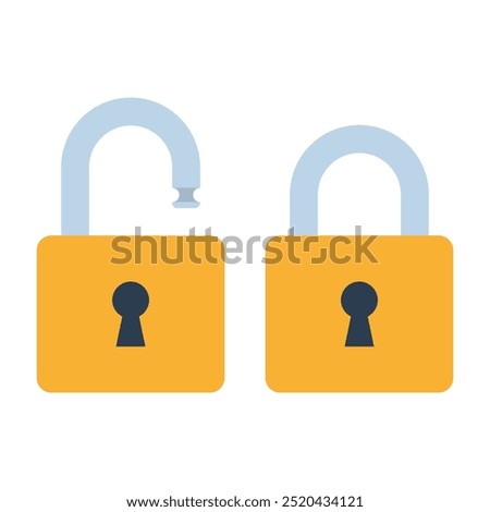 lock open and lock closed vector icons isolated on white background, yellow padlocks shapes illustration, flat cartoon design