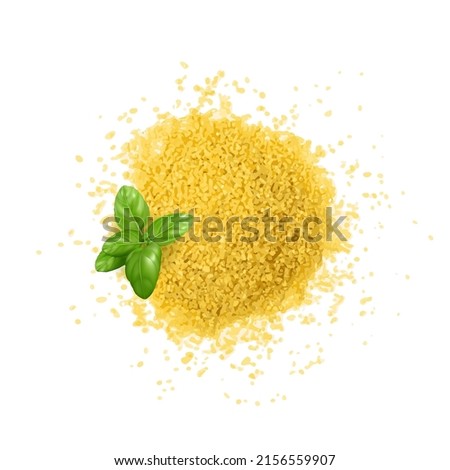 Couscous pile isolated. Dry cuscus, raw kuskus, uncooked cous cous on white background top view, semolina granules vector illustration