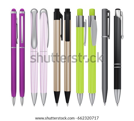 Set of Realistic Ball Pens Isolated on White Background. Vector 3d Ballpoint or Biro Collection for Mockup for your Dedign