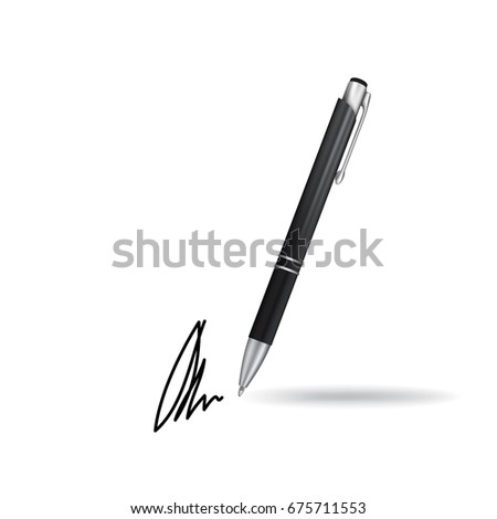 Realistic Ball Pen and Signature Example Isolated on White Background. Contract and Agreement Vector Symbol. Pact, Accord or Convention Illustration