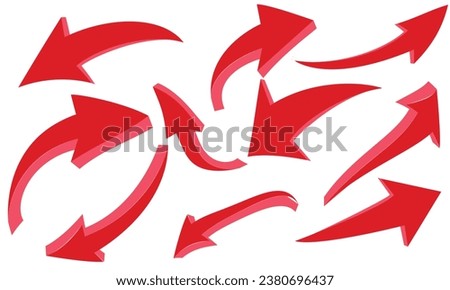 Red 3d arrows of various shapes set. Realistic arrow twisted in various directions. Infographic object a pointer sign.Vector illustration.