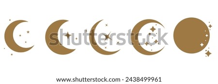 A set of gold moon and sparkling starlight illustrations of various shapes. The moon has the shape of a crescent, half, or full moon. Vector Illustration. EPS 10