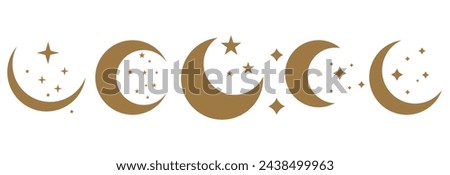 A set of gold moon and sparkling starlight illustrations of various shapes. The moon has the shape of a crescent, half, or full moon. Vector Illustration. EPS 10