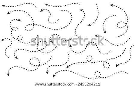 Clean dot style hand drawn doodle arrows set. Clean dot arrows style doodle set hand drawn. Curve Dotted line, preliminary. isolated on white background vector collection