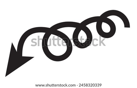 Sharp curved arrow icon. Black rounded arrow. Direction pointer pointing down.  Isolated on White Background. Collection of pointers. Vector illustration.
