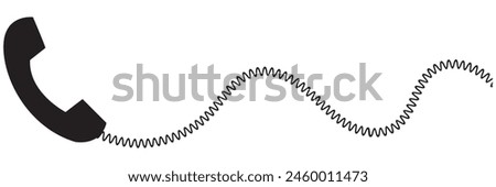 Telephone receiver with a cord. Phone handset with extension cord. Black silhouette isolated on a white background. Vector illustration. EPS 10