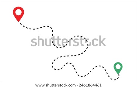 Route location icon, two pin sign and dotted line road, start and end journey symbol, black color  isolated on white background. GPS navigation line route mark . vector illustration. EPS 10