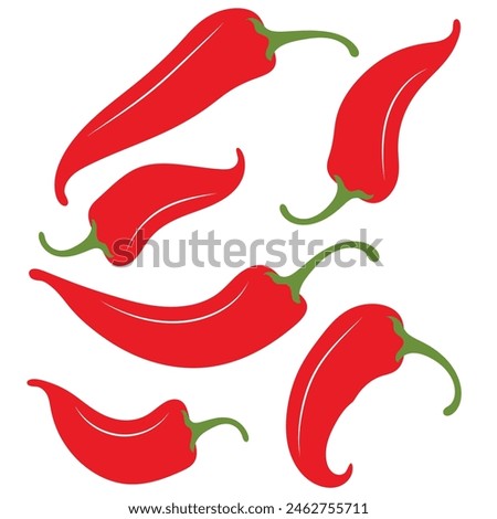 Chili hot pepper icon set. Fresh red chili cayenne peppers. Hot food spices. Sticker print template. Flat design. Isolated on White background. Vector illustration. EPS 10