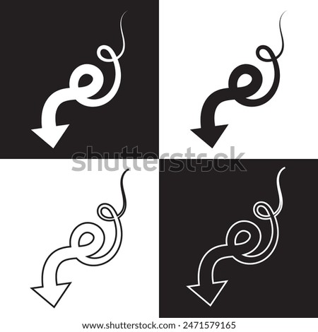 Arrow curved vector icon . down pointing sign . left . isolated black and white background . outline and filled version . EPS 10AI