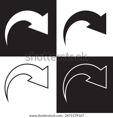 Arrow curved vector icon . down pointing sign . left . isolated black and white background . outline and filled version . EPS 10AI