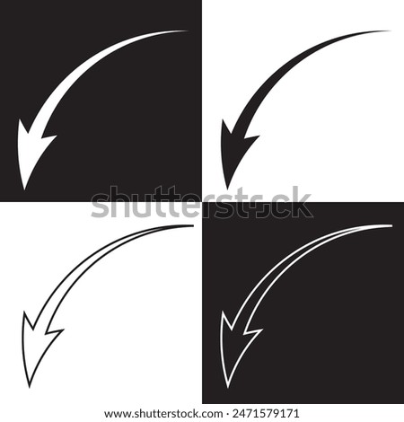 Arrow curved vector icon . down pointing sign . left . isolated black and white background . outline and filled version . EPS 10AI