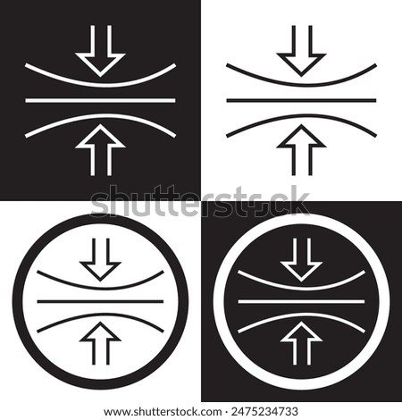 Compress icon set. pressure suspension bounce vector symbol. push shrink sign. flexible elastic symbol. reduce shock icon in black filled and outlined.  isolated on white and black background. EPS 10.