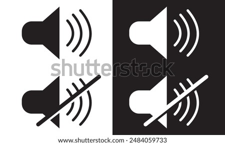 Speaker audio icon set. Volume voice control on off mute symbol. Flat application interface sound sign button. Vector illustration image. Isolated on white and black background. EPS 10