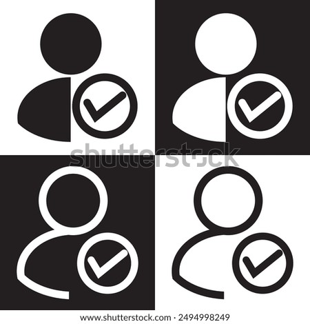 check user icon vector accept person profile avatar with checkmark yes tick symbol, checked user profile account approved icon. isolated on white and black background. Vector illustration. EPS 10