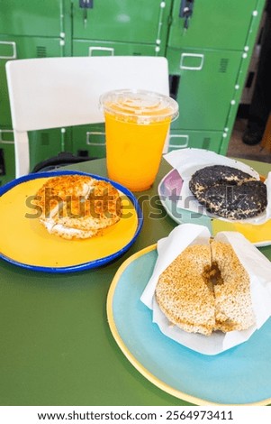 Similar – Image, Stock Photo Different types of fastfood and snacks and glass of beer on the table. Unhealthy and junk food.